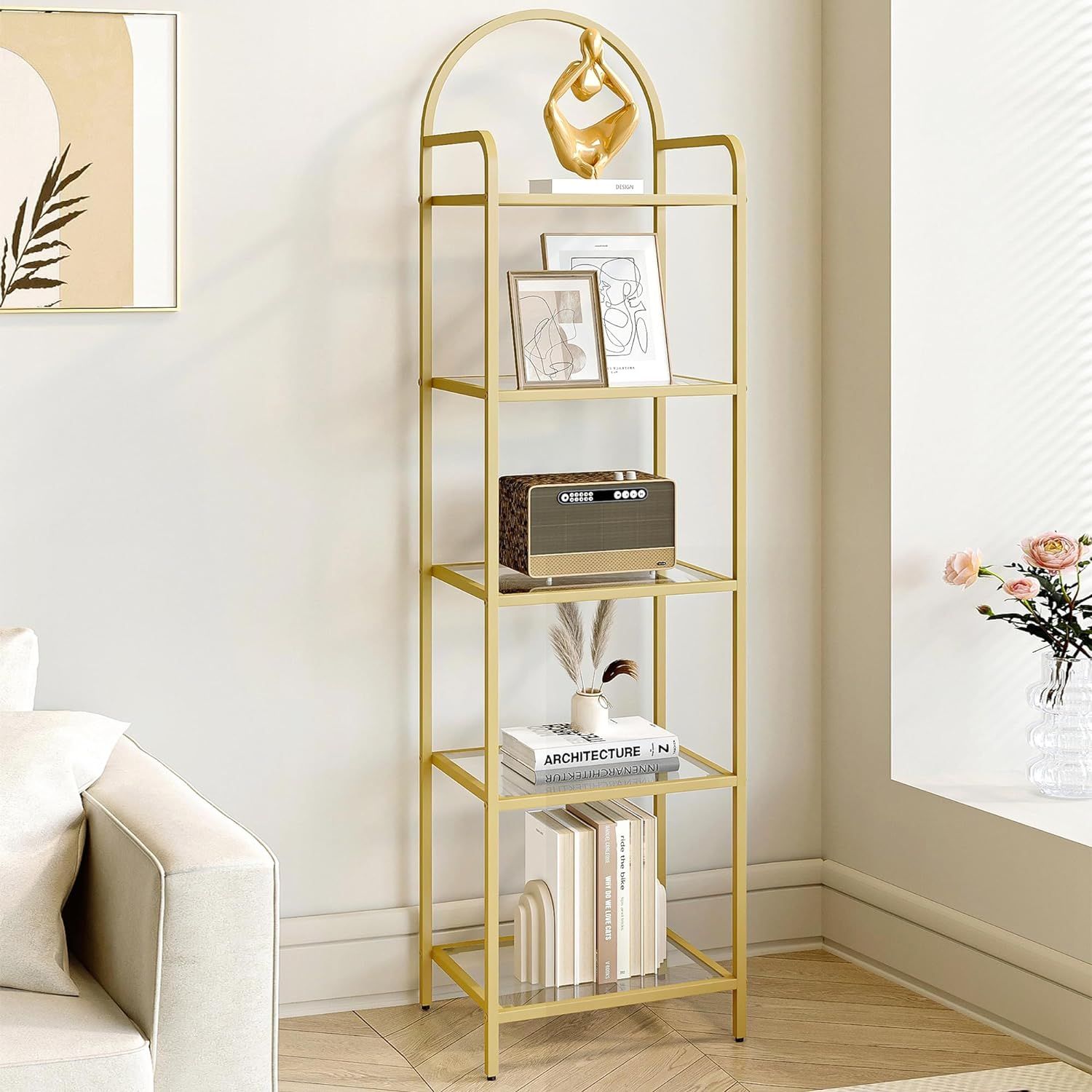 5 Tier Bookcase Bookshelf, Tempered Glass Bookshelves, Slim Shelving Unit for Bedroom, Bathroom, ... | Amazon (US)
