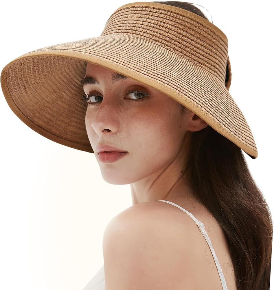 Women's Sun Visor Hats Wide Brim Straw Beach Hat Ponytail Hats for Women Foldable Floppy | Amazon (US)