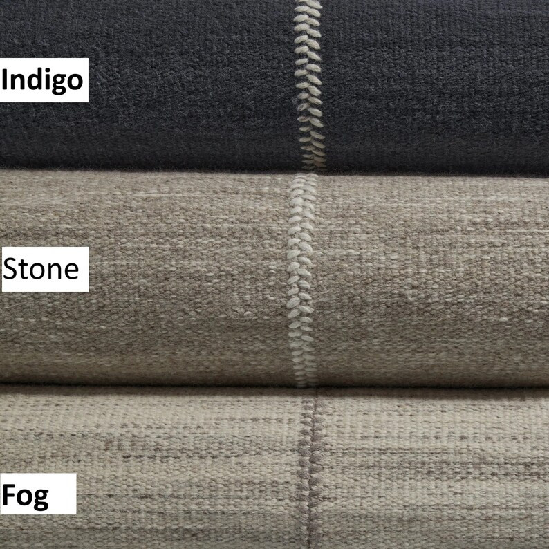 Striped Kilim Cozy Wool Flatweave Rug Grey Ivory Indigo Area Rug Vertically Stitched Braids Plain... | Etsy (US)