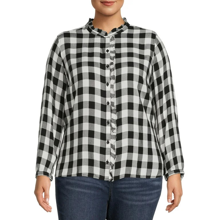 Terra & Sky Women's Plus Size Ruffle Plaid Woven Long Sleeve Top - Walmart.com | Walmart (US)