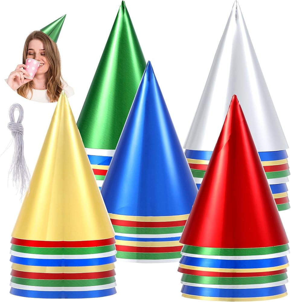 Prasacco 50 Pack Colorful Birthday Party Hats, Metallic Foil Cone Hats for Kids and Adults (Red, ... | Amazon (US)