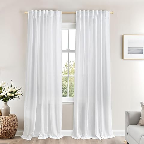 White Linen Curtains 100 inches Long for Bedroom Back Tab Light Filtering Privacy Sheer White Cur... | Amazon (US)