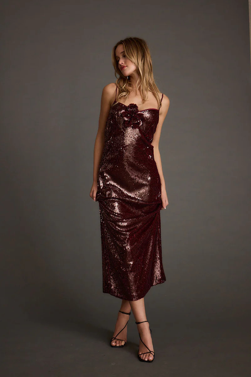 All For You Merlot Sequin Rosette Midi Dress | 12th Tribe