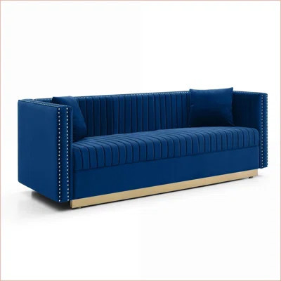 Sofas Modern Royal Blue Velvet Vertical Channel Tufted Couch with 2 Pillows for Living Room | Blue | Velvet | Wayfair North America