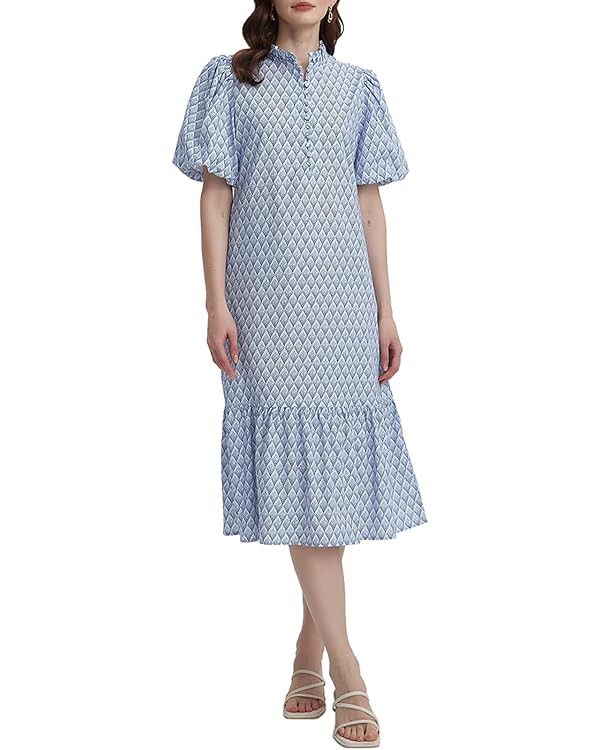 Summer Floral Midi Dress for Women Puff Short Sleeve Button Down Flowy Boho Dresses with Pockets | Amazon (US)