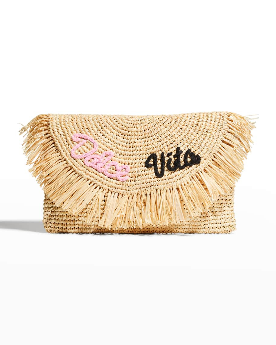 BTB Los Angeles Dolce Vita Oversize Fringe Straw Clutch Bag | Neiman Marcus