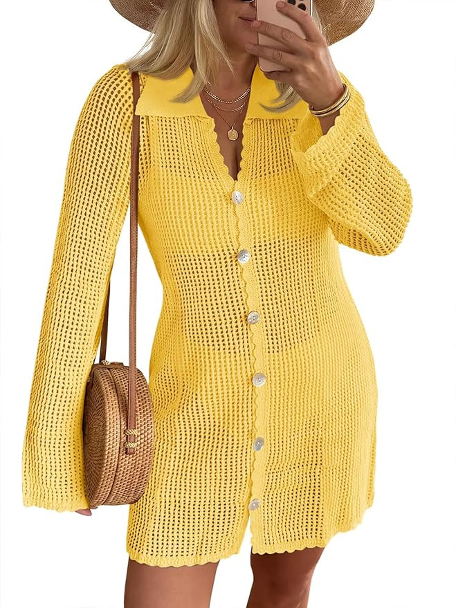 Saodimallsu Womens Crochet Swimsuit Coverup Button Down Long Sleeve Cardigan Mini Dress Beach Cov... | Amazon (US)