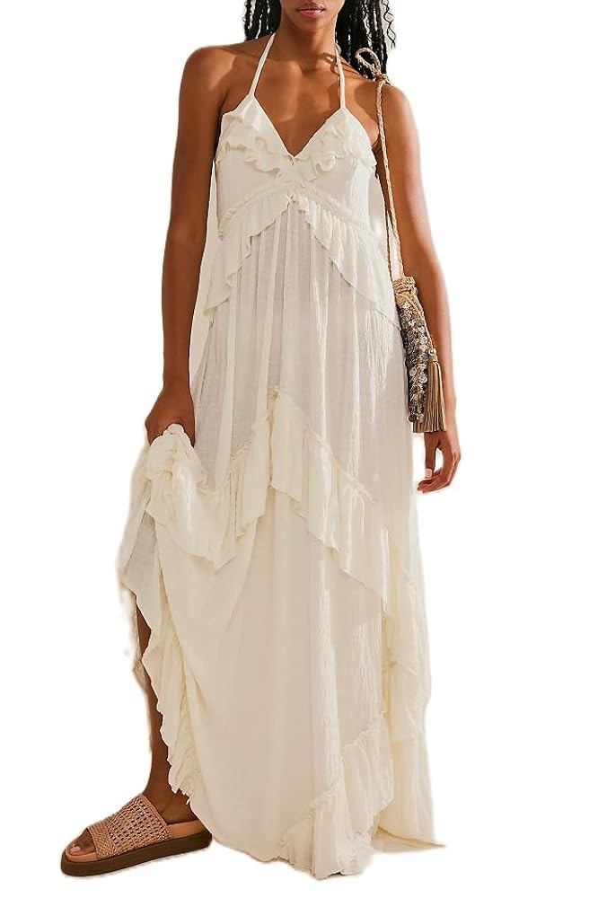 Flowy Halter Maxi Dress for Women Sexy Asymmetrical Ruffle Trim Deep V Neck Long Dress Y2k Tiered... | Amazon (US)