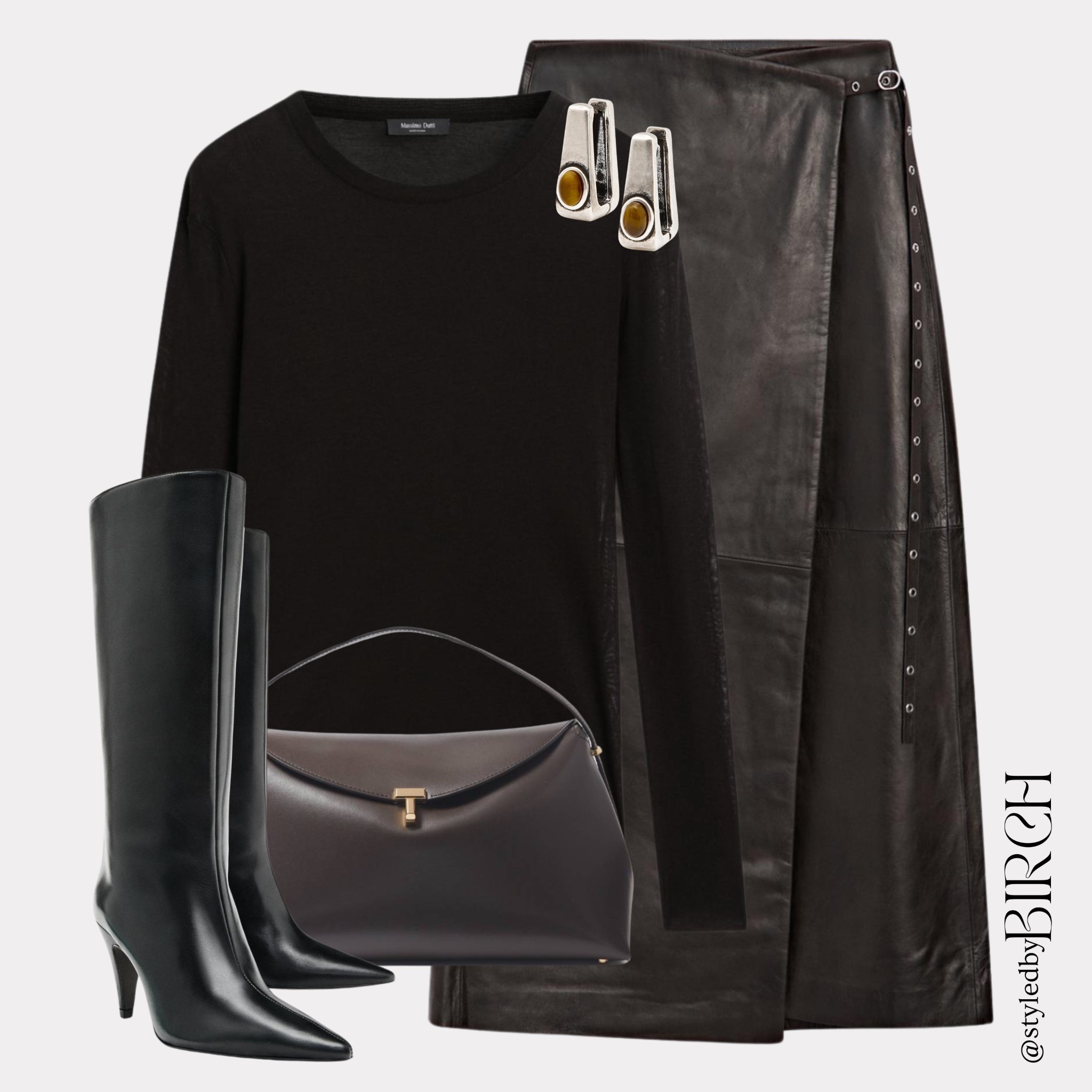 Today’s vibe: minimal, bold, unstoppable ✨

Black long-sleeve knit top, Black leather wrap skirt with eyelet detailing, Black pointed-toe knee-high boots, Deep brown structured shoulder bag, Silver geometric earrings with amber-tone detail

#LTKdatenight #LTKeurope #LTKwinter