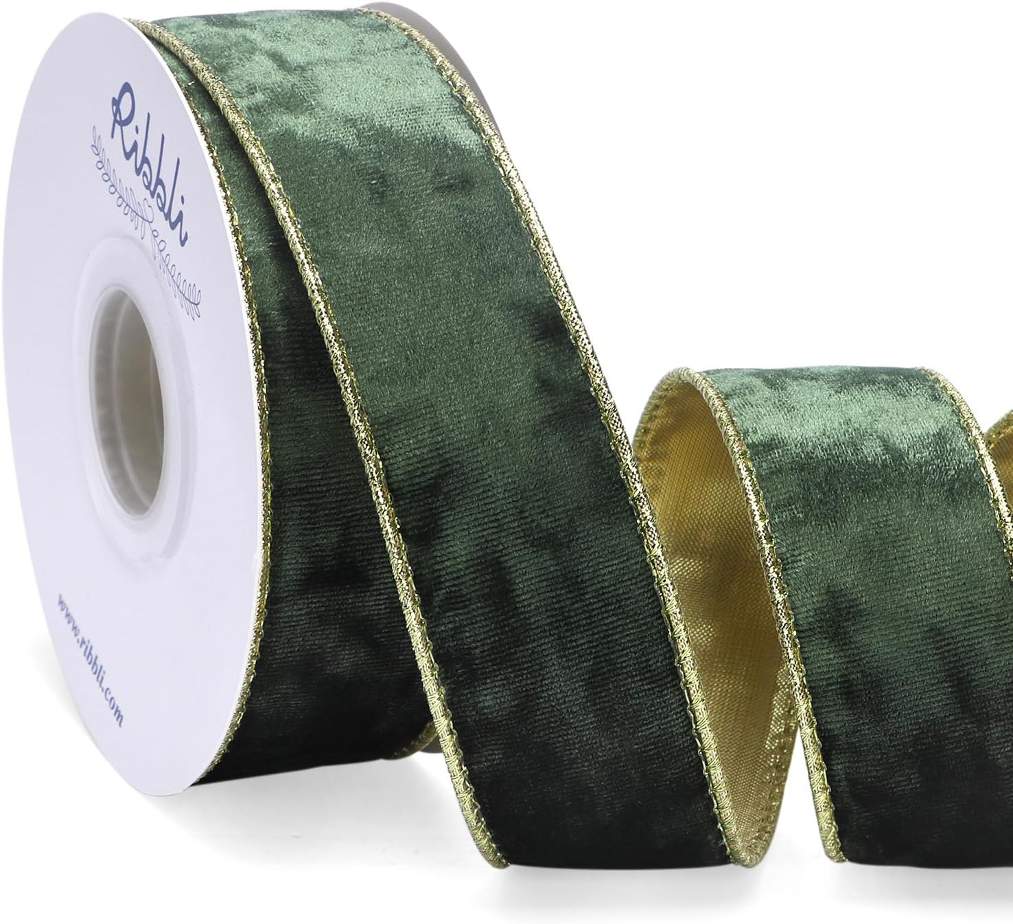 Ribbli Moss Green Velvet Wired Ribbon 1.5 Inch Metallic Moss Gold Crushed Velvet Christmas Ribbon for Gift Wrapping Christmas Tree Decoration Crafts Wreaths Supplies-Continuous 10 Yards | Amazon (US)