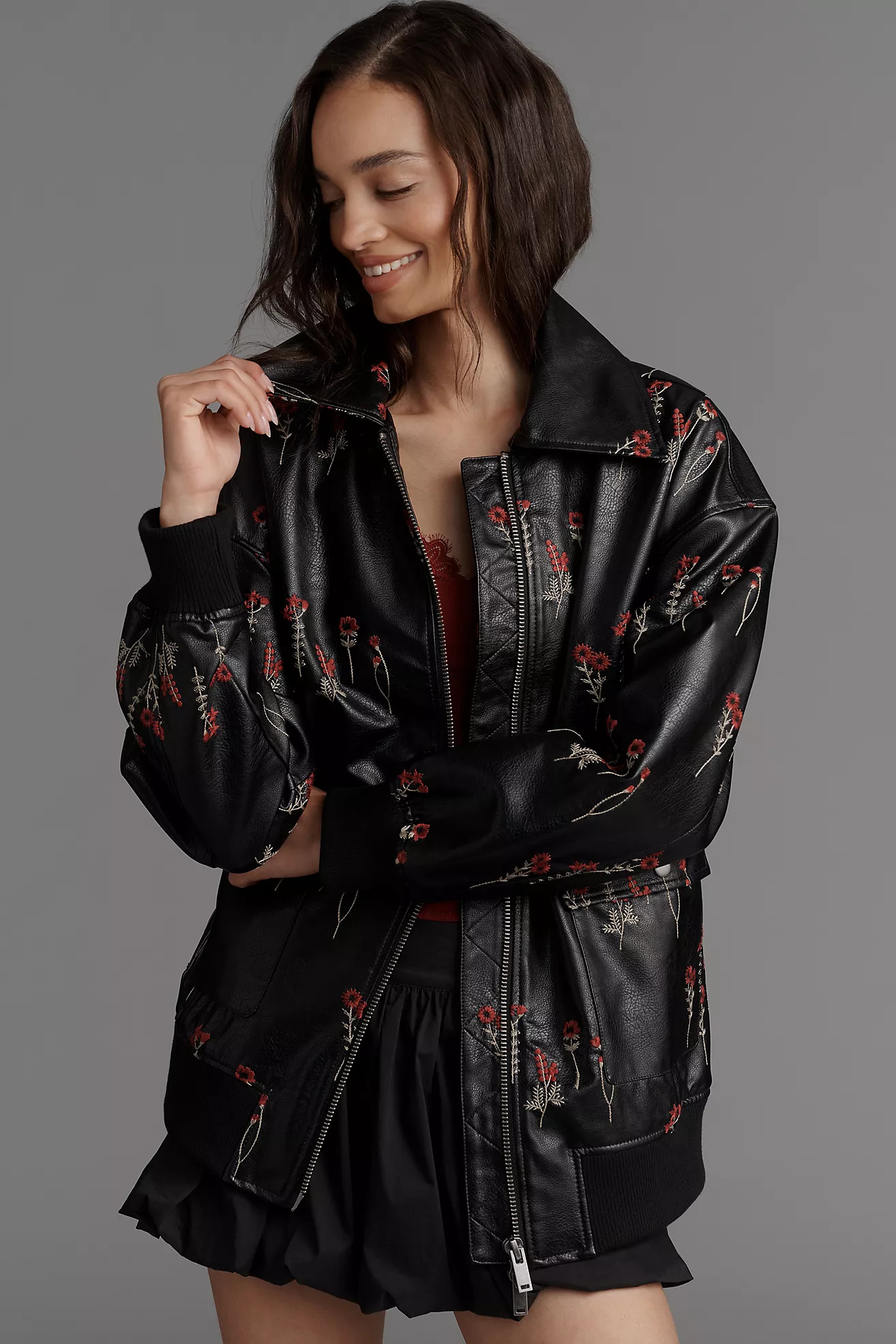 Maeve Faux Leather Floral-Embroidered Bomber Jacket | Anthropologie (US)