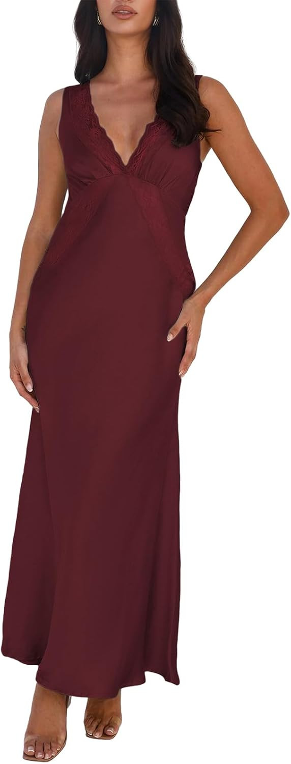 BAGONE Summer Satin Lace V Neck Backless Formal Wedding Guest Maxi Dresses | Amazon (US)