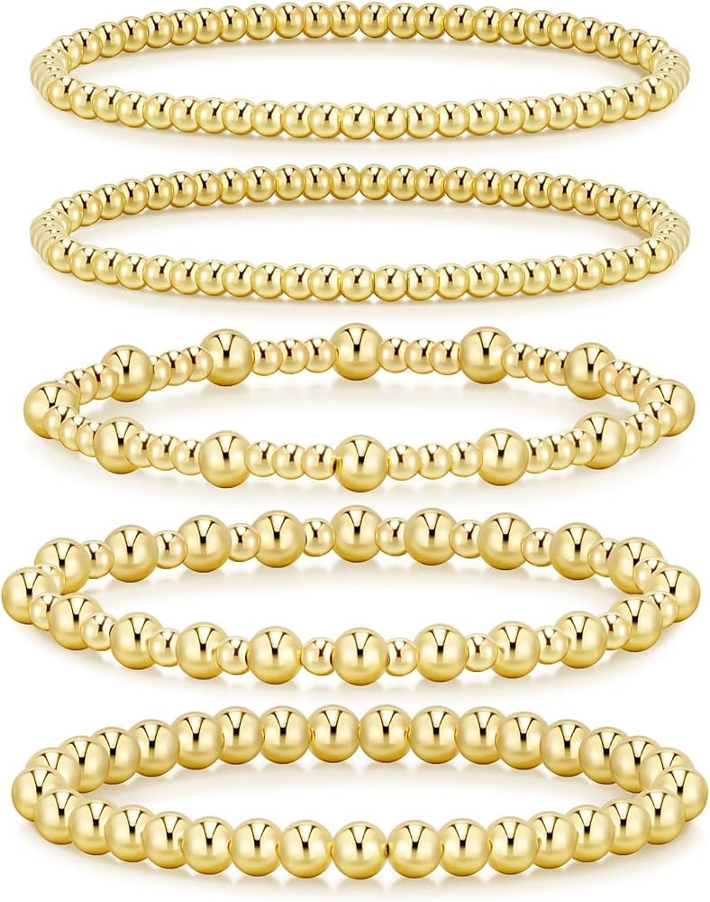 Gold Bracelets for Women, 14K Gold Plated Beaded Bracelets Gold Strand Bead Ball Bracelet Stack S... | Amazon (US)
