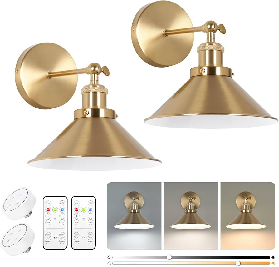 Battery Operated Wall Sconce Set of Two, Brushed Brass Battery Powered Wall Lighting Indoor, Cord... | Amazon (US)