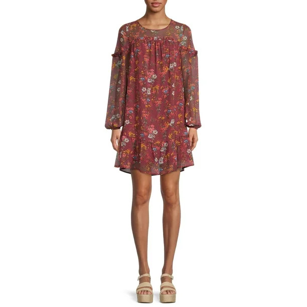 Time and Tru Women's Ruffle Dress with Long Sleeves - Walmart.com | Walmart (US)