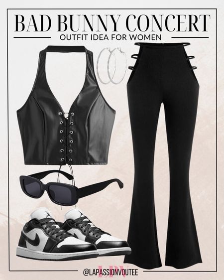 Make a statement at the concert in this bold ensemble! Rock cut-out flare pants with a faux leather tie-front halter top for a daring look. Complete the outfit with hoop earrings, stylish sunglasses, and comfy sneakers for a perfect blend of edgy and chic. Get ready to own the night!

#LTKstyletip #LTKfindsunder100 #LTKSeasonal
