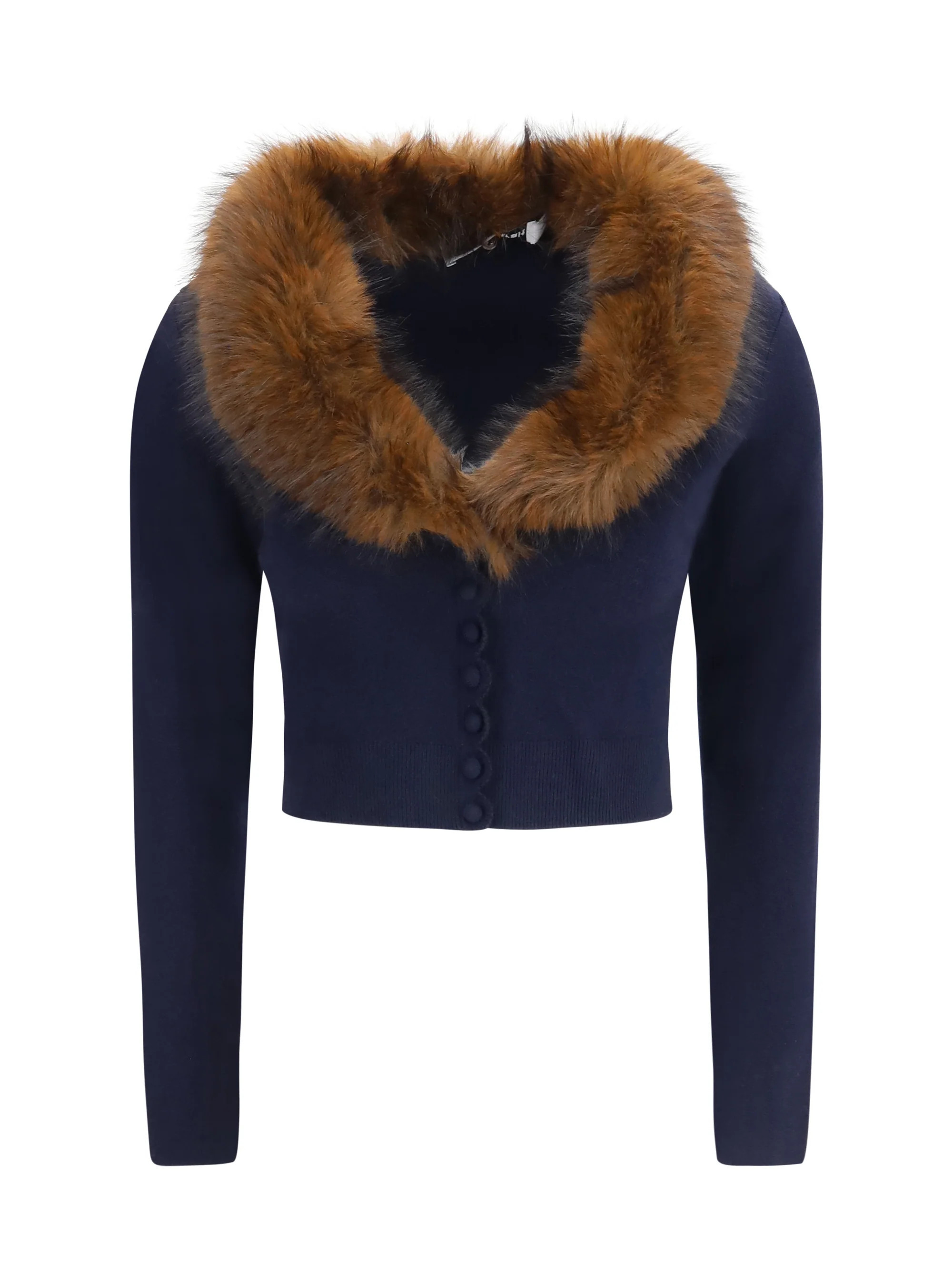 Self-Portrait Knit and Faux Fur Cardigan — Navy - L | Italist Inc.