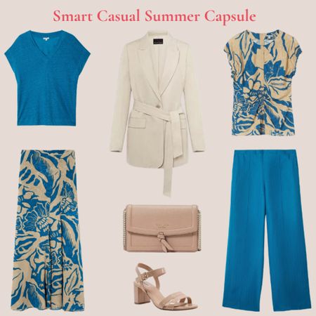 Smart casual summer capsule wardrobe. Linen trousers in teal with print skirt and top, neutral linen tie waist jacket, shoes and bag

#LTKeurope #LTKSeasonal #LTKstyletip