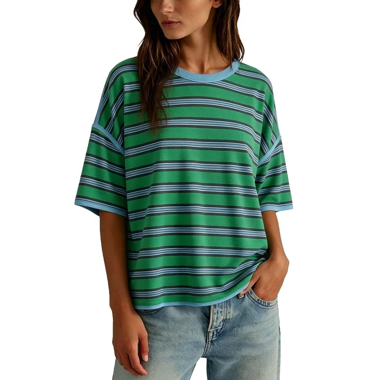 zbxnLI Oversized T Shirts for Women Casual Short Sleeve Tee Top Fashion Striped Baggy Tshirts Cre... | Walmart (US)