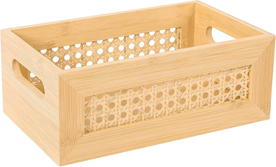 Rattan Storage Basket Handmade Natural Bamboo Woven Storage Bin with Wooden Frame & Handles Decor... | Amazon (US)