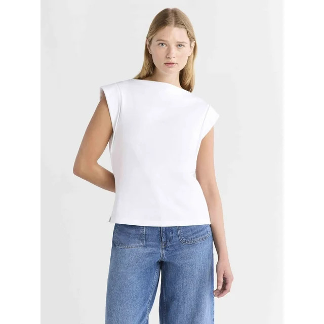 Free Assembly Women's and Women's Plus Cotton Boatneck Tee with Wide Cap Sleeves, Sizes XS-4X | Walmart (US)