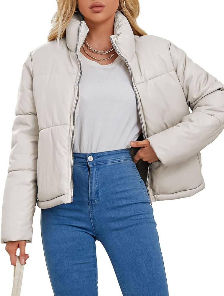Bellivera Women's Puffer Jacket Faux Leather Short Coat Heavy Padded Overcoat | Amazon (US)