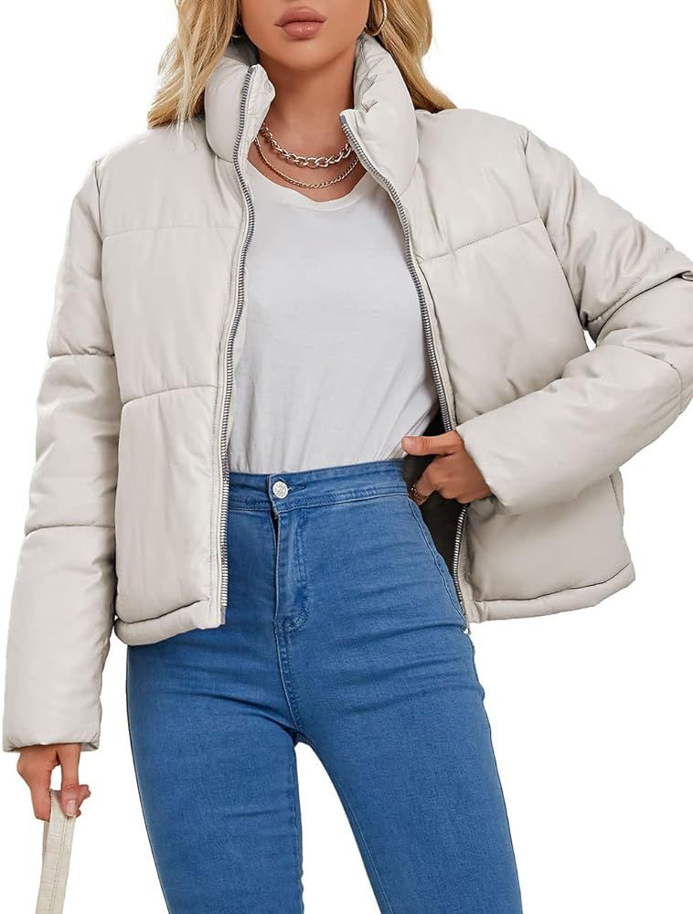 Bellivera Women's Puffer Jacket Faux Leather Short Coat Heavy Padded Overcoat | Amazon (US)