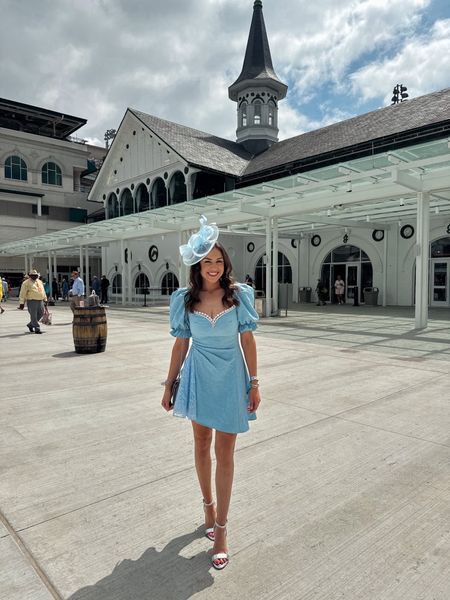 Kentucky Derby outfit 🐎 Dress on sale in pink & black! Can’t link directly, but comes in multiple colors on the brands site! Wearing S. Size up. Blue mini dress, blue fascinator, Kentucky derby hat, silver heels, Nana Jacqueline dress 

#LTKstyletip #LTKparties #LTKsalealert
