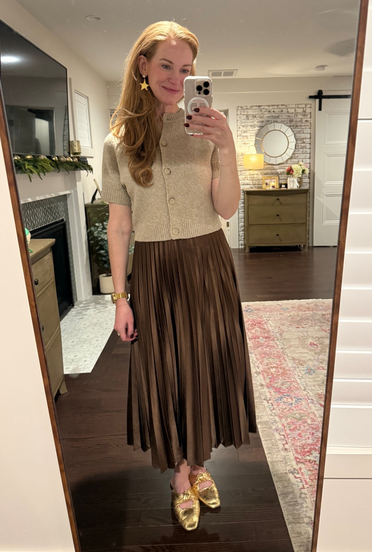 Happy Thanksgiving! 
Soft short sleeve cardigan sweater with brown pleated skirt was so comfortable for hosting and eating! 😊

#LTKOver40 #LTKSeasonal #LTKHoliday