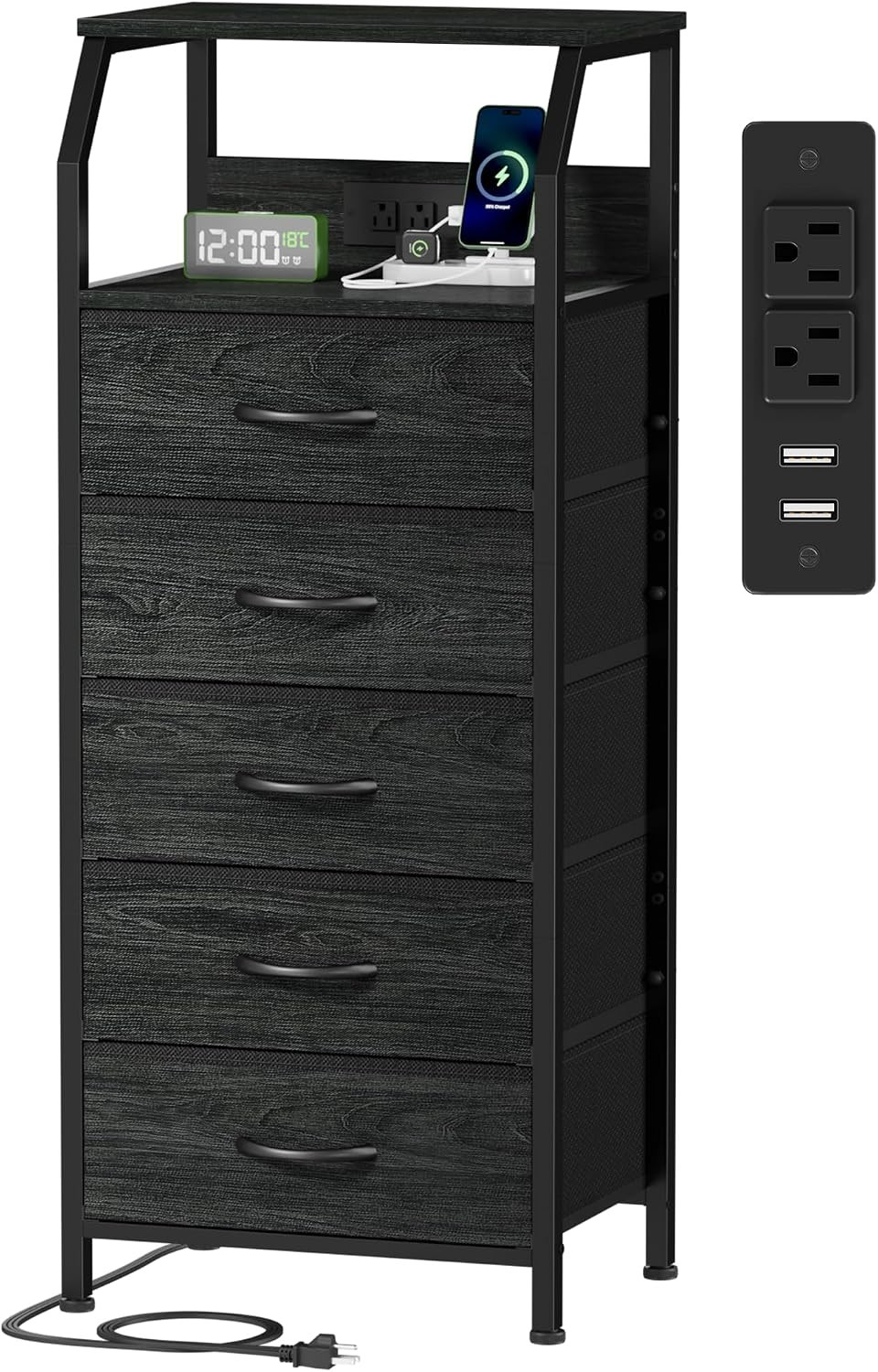 Furnulem 5 Drawers Dresser with Charging Station, Fabric Chest of Drawers with Open Shelf, Tall Night Stand, Bedside Table for Closet, Entryway, Bedroom Furniture, 3 Ways to Use, Black Oak | Amazon (US)