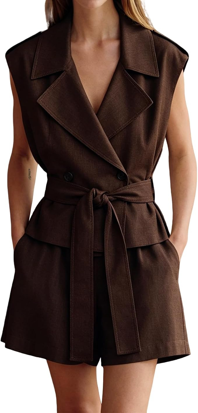Womens 2 Pieces Vest Set Sleeveless Waistcoat and Shorts | Casual,Lightwight,Trendy,Work,Sleevele... | Amazon (US)
