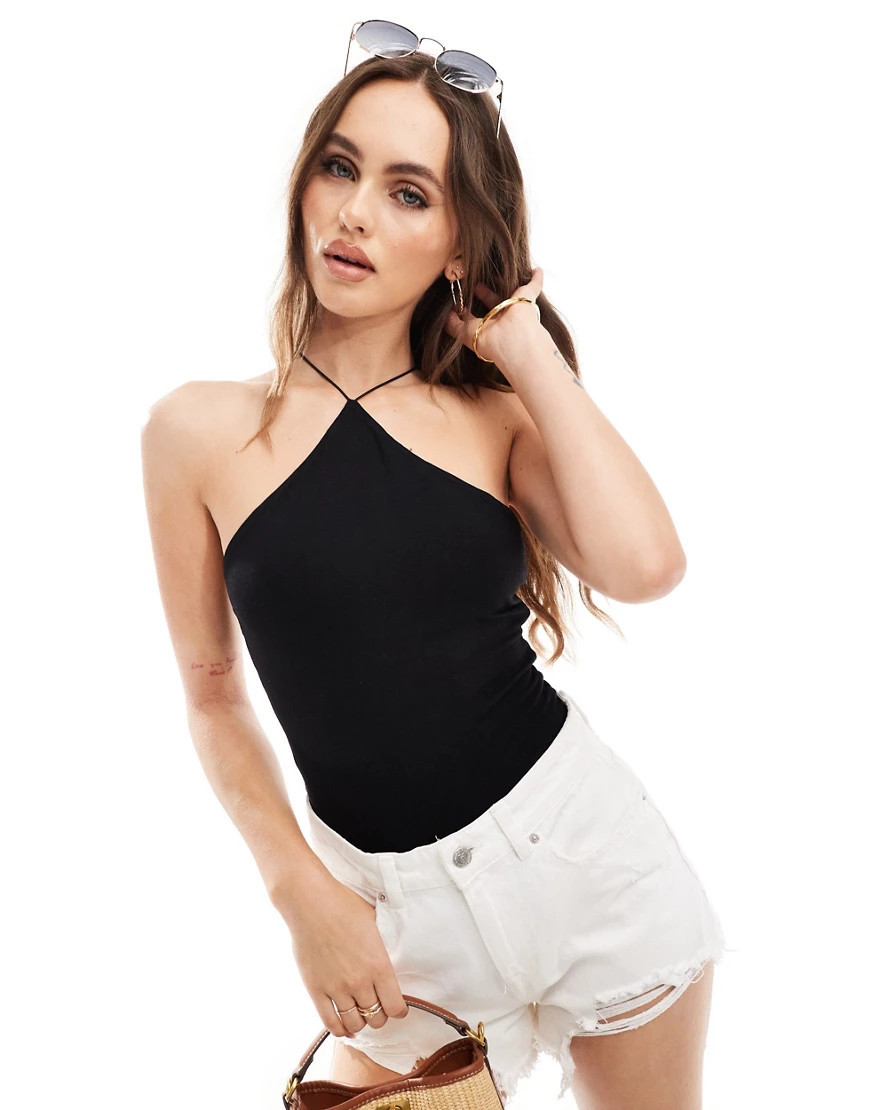 ASOS DESIGN double layer halter spaghetti strap bodysuit in black | ASOS (Global)