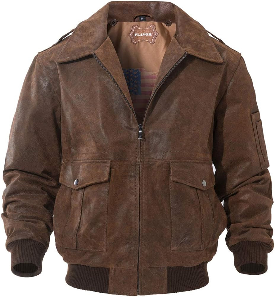 FLAVOR Men's Leather Flight Bomber Jacket Air Force Aviator | Amazon (US)
