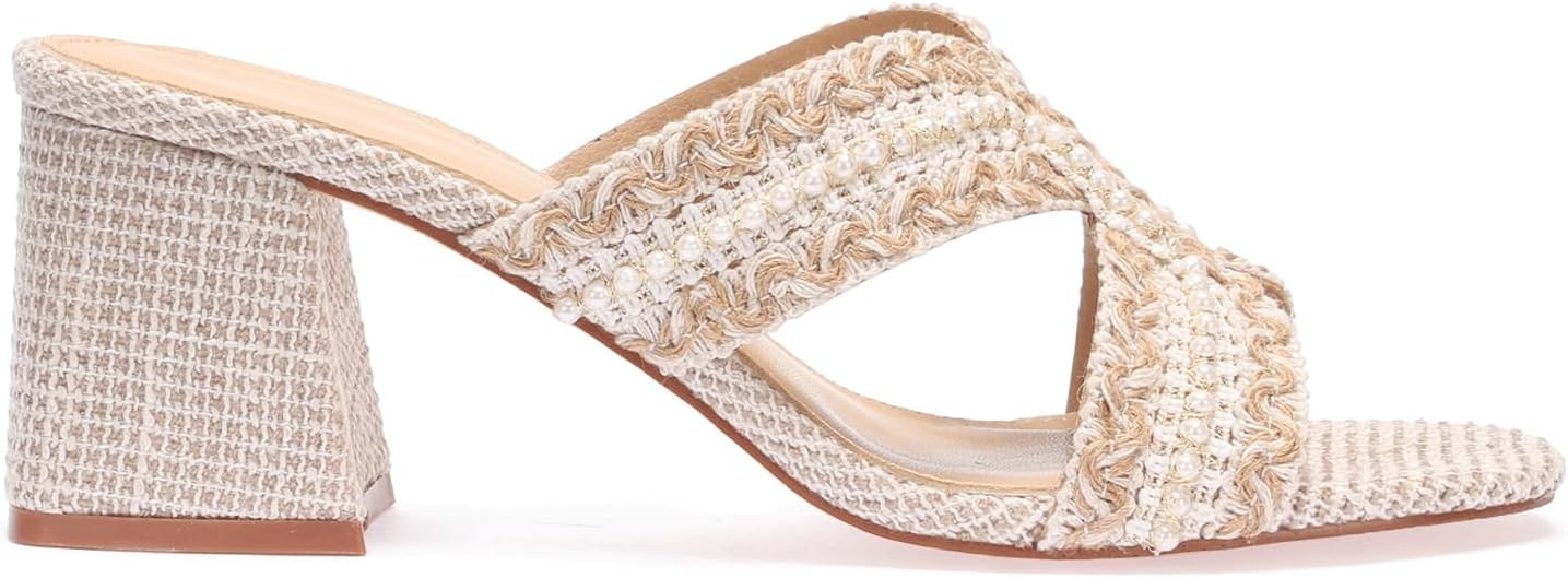 Raffia Heeled Mule Sandals for Women Block Heels Open Toe Mules with Pearls Slip On Summer Dressy... | Amazon (US)