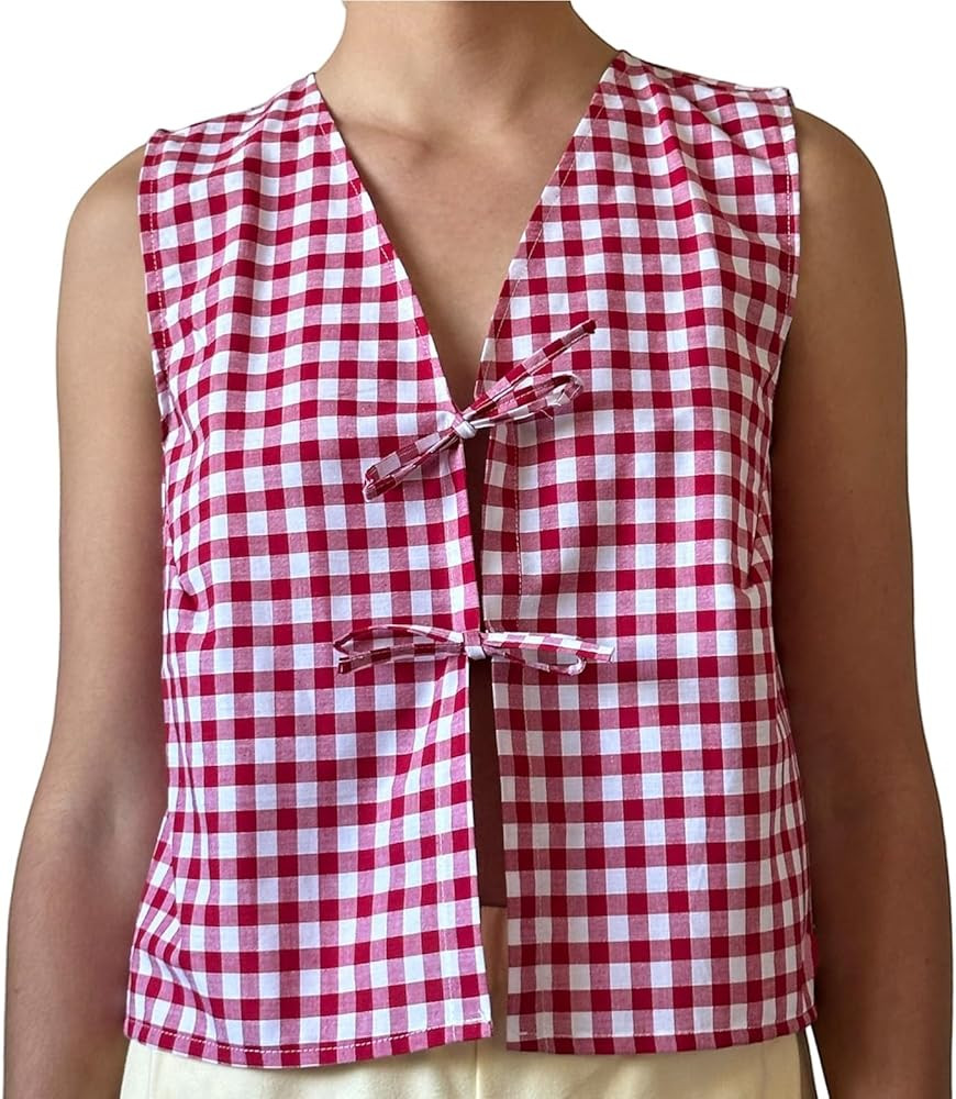 Gingham Tank Tops for Women Y2K Sleeveless Tie Front Tank Tops Vintage Plaid Vest Summer Cute Top... | Amazon (US)