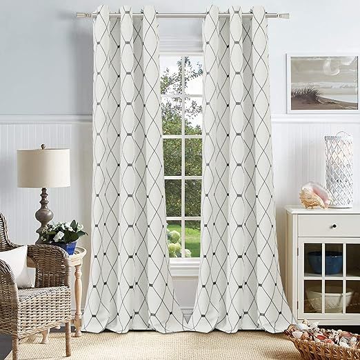 Linen Textured Living Room Curtains 96 inches Long Embroidered Farmhouse Window Curtains Grommet ... | Amazon (US)