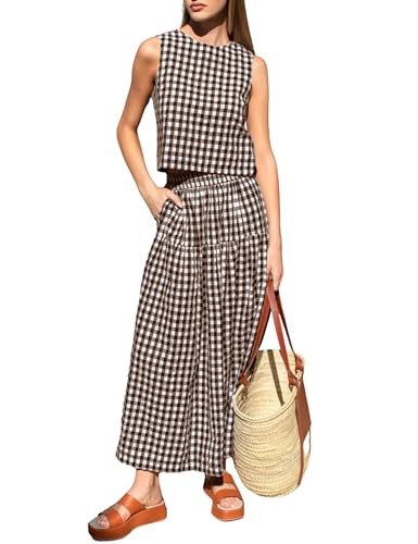 QIBABU Womens Gingham 2 Piece Outfits Casual Sleeveless Crop Top and High Waisted Tiered Skirt Pl... | Amazon (US)