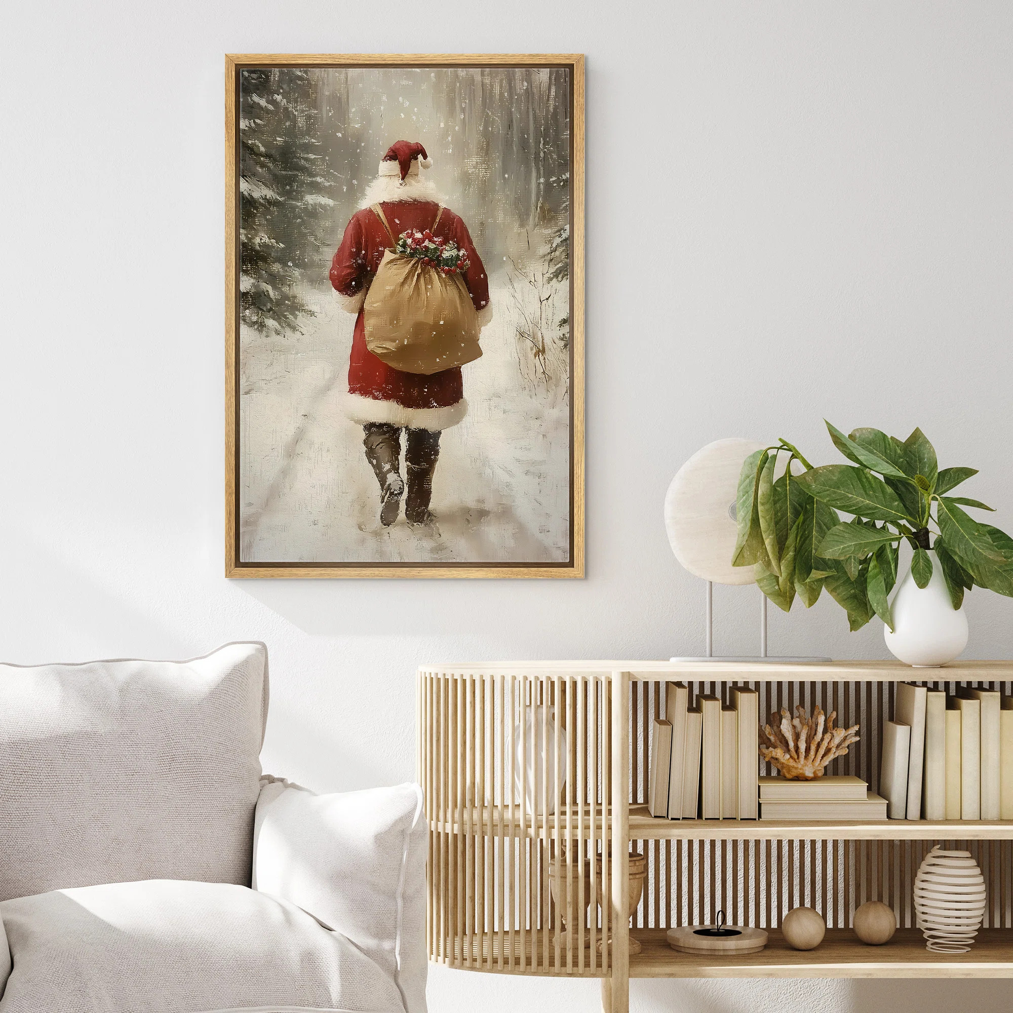 Santa Claus Walking in Winter Road Vintage Warm Cozy Christmas Holiday Framed Canvas Print Wall A... | Wayfair North America