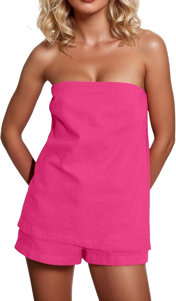 Women 2 Piece Shorts Sets Summer Vacation Lounge Set Linen Strapless Button Slit Tube Top and Sho... | Amazon (US)