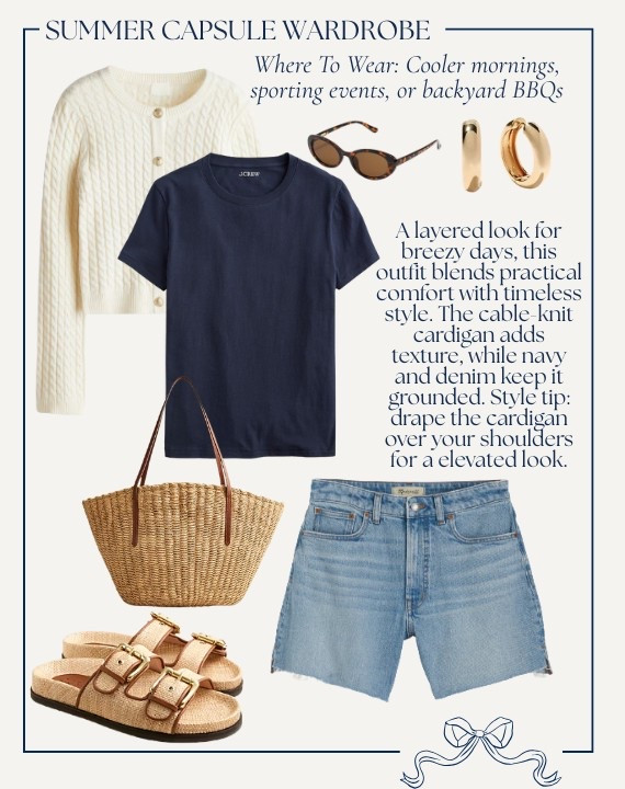 Classic Style Summer Capsule Wardrobe // NAVY TEE & SHORTS WITH CARDIGAN :: A layered look for breezy days, this outfit blends practical comfort with timeless style. The cable-knit cardigan adds texture, while navy and denim keep it grounded. Where to Wear: Cooler mornings, sporting events, or backyard BBQs 

#LTKStyleTip #LTKSeasonal #LTKFindsUnder100
