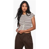boohoo Women's Stripe Rib Button Through Short Sleeve Top in Lemon | Size: 12 | Denim | boohoo (US & Canada)
