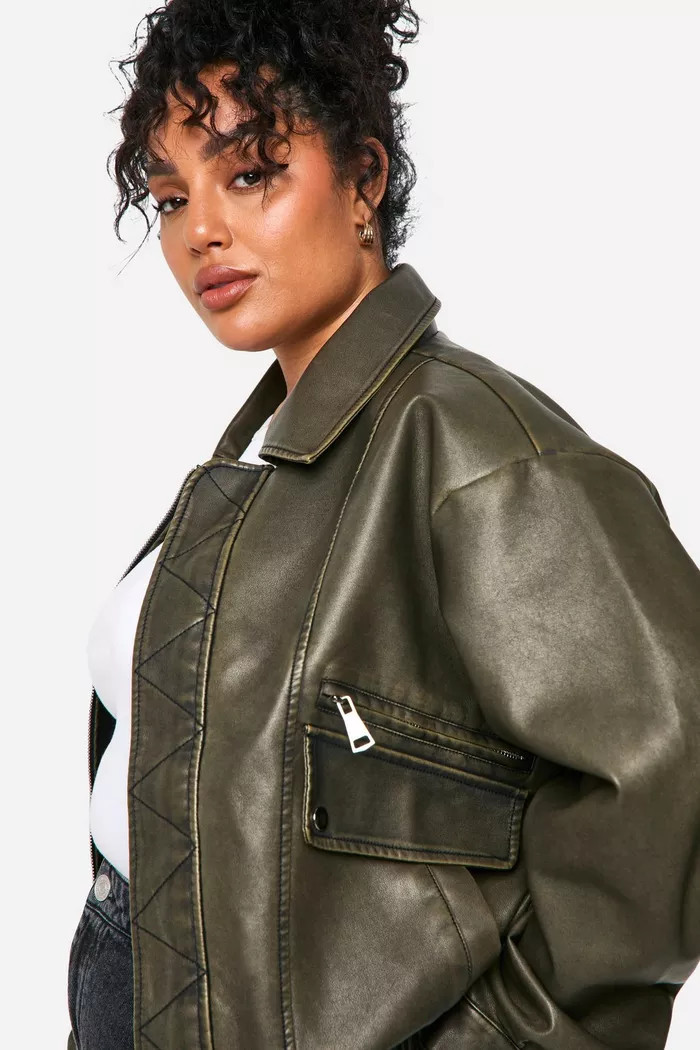 Plus Vintage Look Faux Leather Bomber Jacket | boohoo (US & Canada)