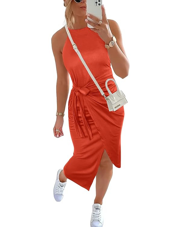 NOLLSOM Women Casual Sleeveless Striped Tank Midi Dresses Halter Neck Ruched Bodycon Dresses Tie ... | Amazon (US)