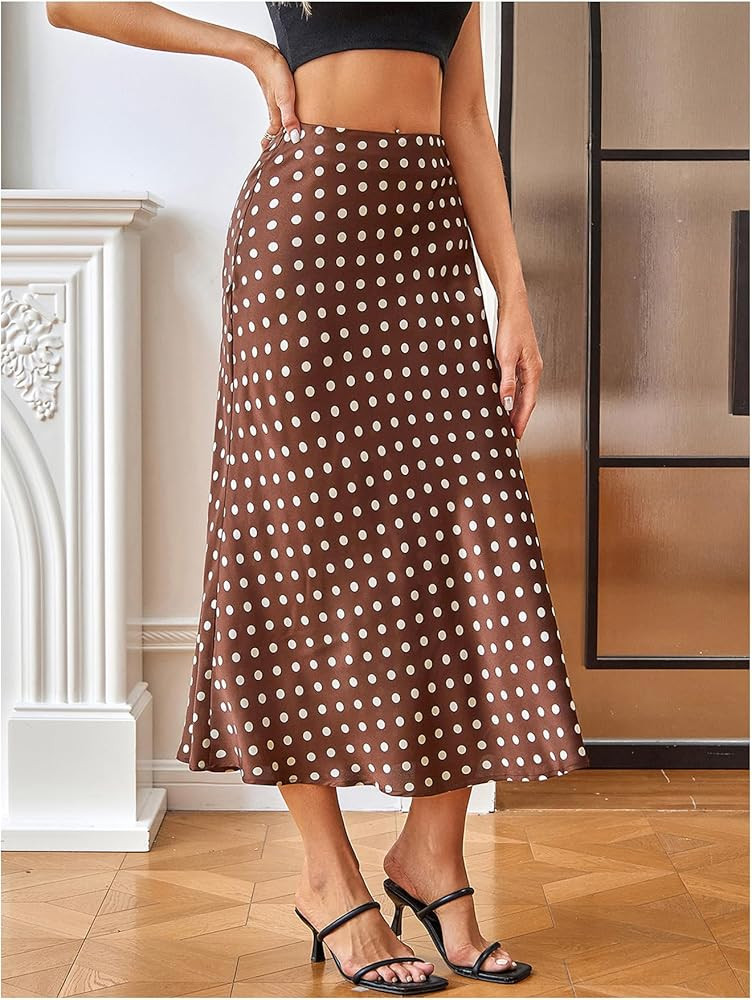 MakeMeChic Women's Polka Dots Midi Skirt Satin Silk Summer Flowy Pencil Long Skirts | Amazon (US)