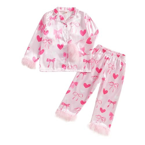 Twopumpkin Toddler Girl Valentines Day Satin Silk Pajamas 2 Piece Pajama Set Little Kid Girls Pjs Nightgown Outfit (Valentines Love Heart Bow Pink, 2-3 Years) | Amazon (US)