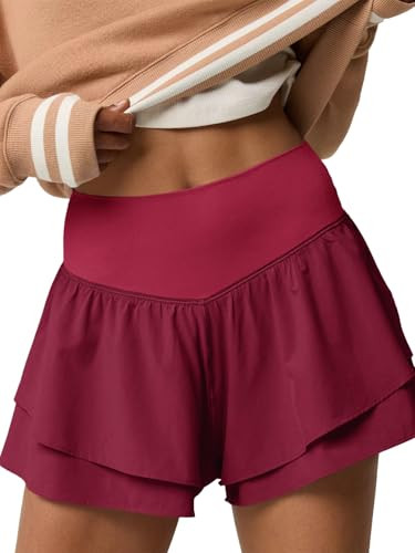 Fisoew Womens High Waisted Athletic Shorts Ruffle Tiered Running Workout Tennis Shorts with Build... | Amazon (US)