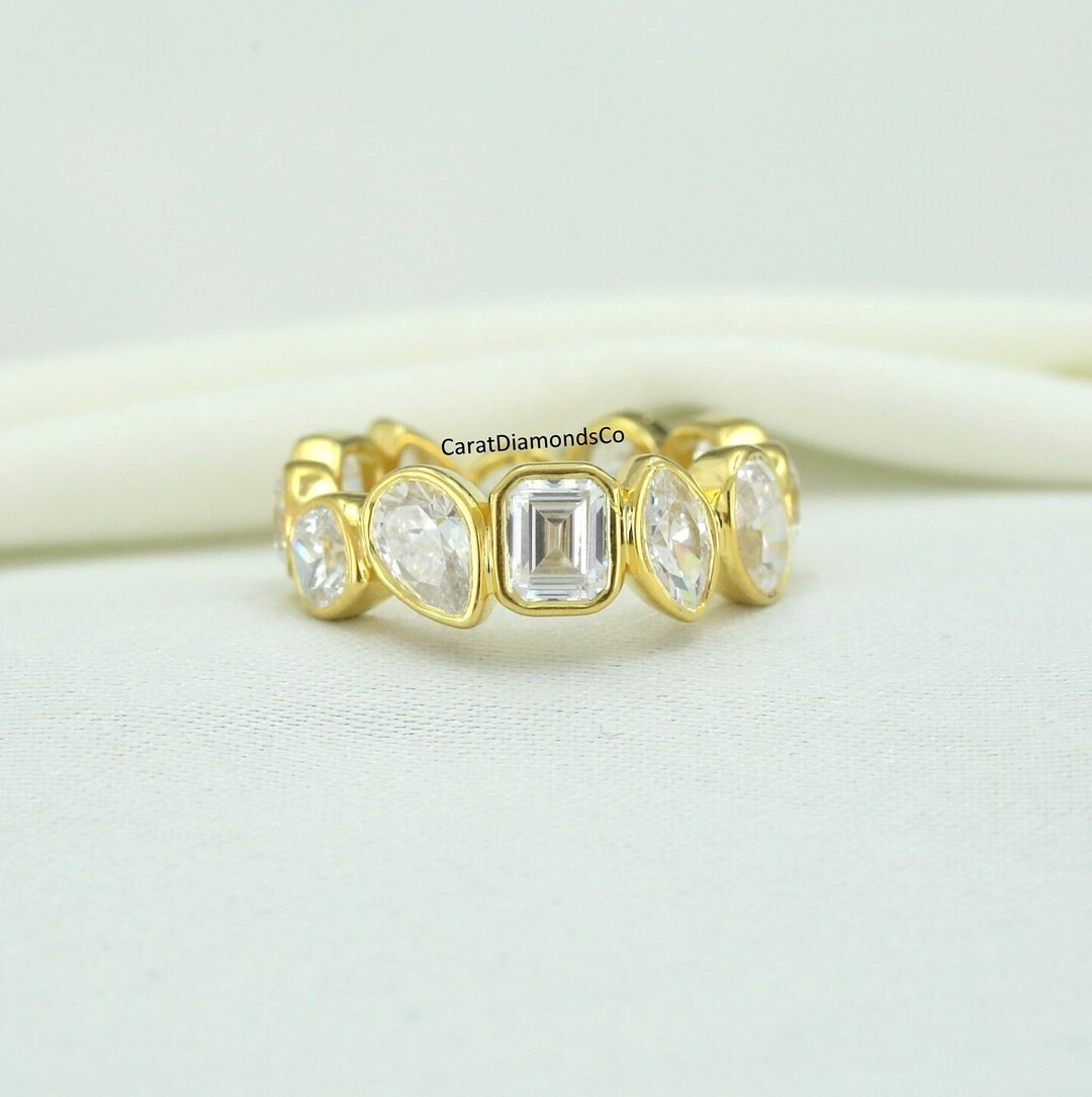 Multi Shape Lab Grown Diamond Wedding Band, Bezel Set Band, 18K Yellow Gold Modern Band, Full Ete... | Etsy (US)
