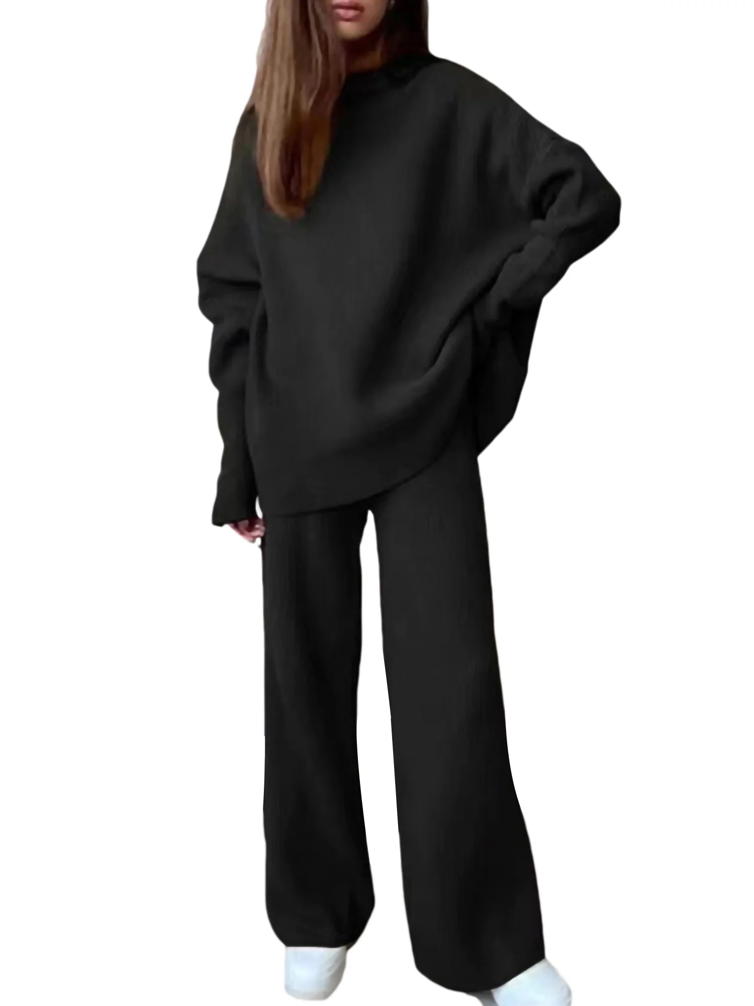 Frontwalk Womens Two Piece Outfit Sweater Set Wide Leg Pants Long Sleeve Knit Pullover Tops Loung... | Walmart (US)