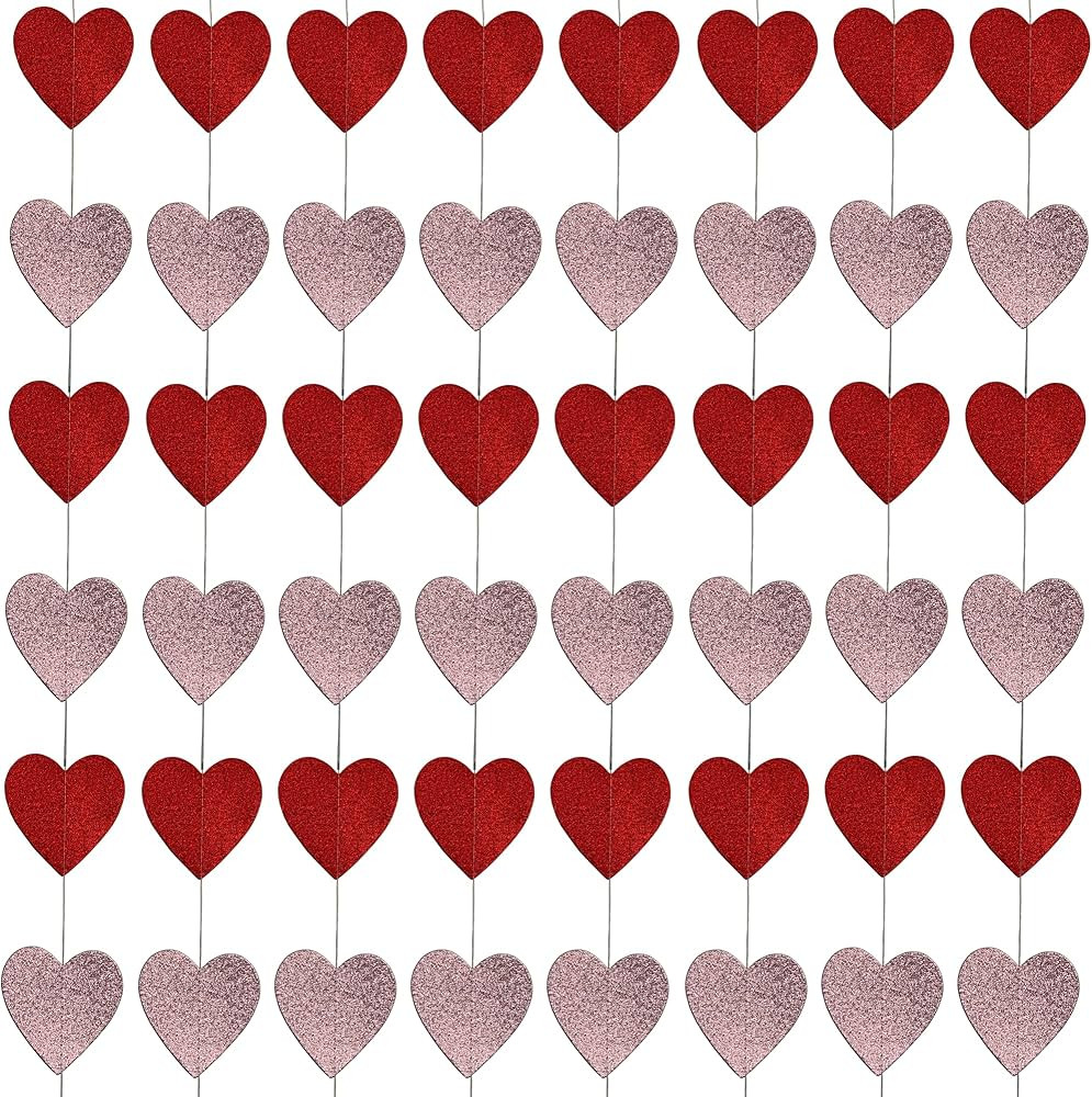 Valentine's Day Heart String Garland, Pink and Red Glitter Hearts, Hanging String Hearts Decorati... | Amazon (US)