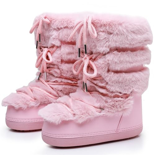 ZHENAIYISHENG Furry Faux Fur Boots for Women - Fuzzy Winter Snow Boots - Fluffy Black White Pink Lace-up Water-Resistant Platform Mid-Calf Boots (pink, 4, 5) | Amazon (US)